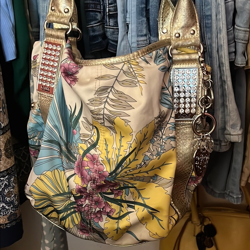 Kathy Van Zeeland Gold and Yellow Shoulder Bag with Floral Design